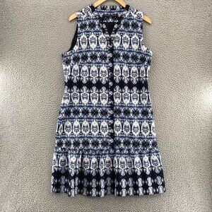 Ivanka Trump Dress Womens 10 Navy Pattern A Line Chiffon Ruffle Hem Button Front